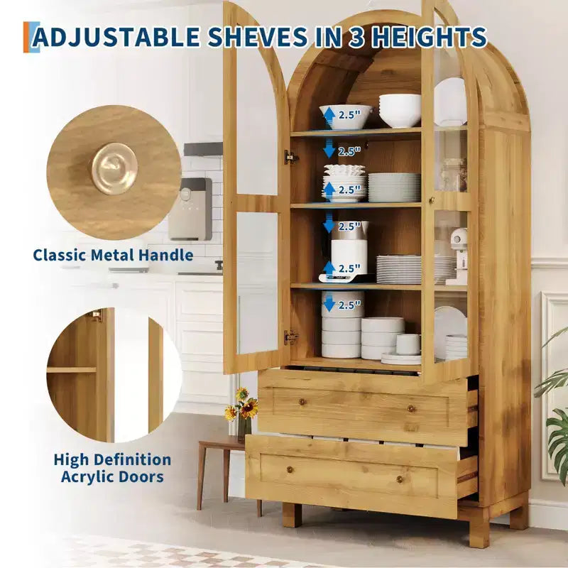 71 Tall Arched Bookshelf, Modern Bookcase with 2 Drawers, Glass Door and Adjustable Shelf, Wooden Display Cabinet, Versatile Bookshelf Kitchen