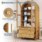 71 Tall Arched Bookshelf, Modern Bookcase with 2 Drawers, Glass Door and Adjustable Shelf, Wooden Display Cabinet, Versatile Bookshelf Kitchen