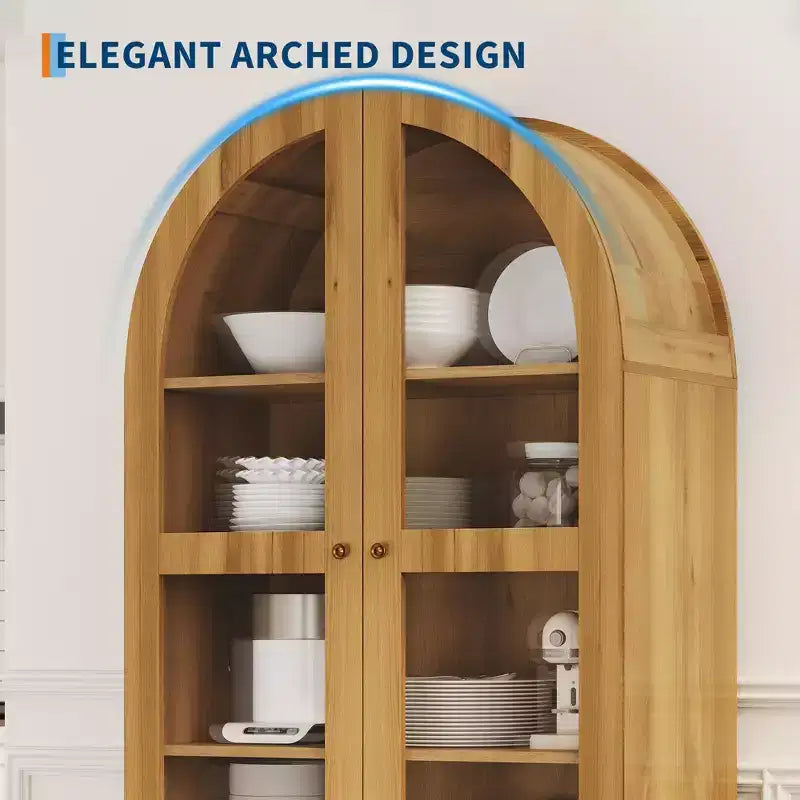 71 Tall Arched Bookshelf, Modern Bookcase with 2 Drawers, Glass Door and Adjustable Shelf, Wooden Display Cabinet, Versatile Bookshelf Kitchen