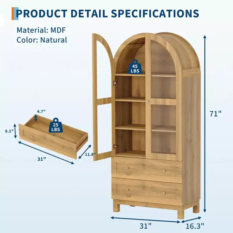 71 Tall Arched Bookshelf, Modern Bookcase with 2 Drawers, Glass Door and Adjustable Shelf, Wooden Display Cabinet, Versatile Bookshelf Kitchen