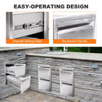 Outdoor Kitchen Drawers, Stainless Steel Flush Mount BBQ Drawers with Grooved Handle,for Outdoor Kitchen Island or Patio Grill Station, 2-Layer