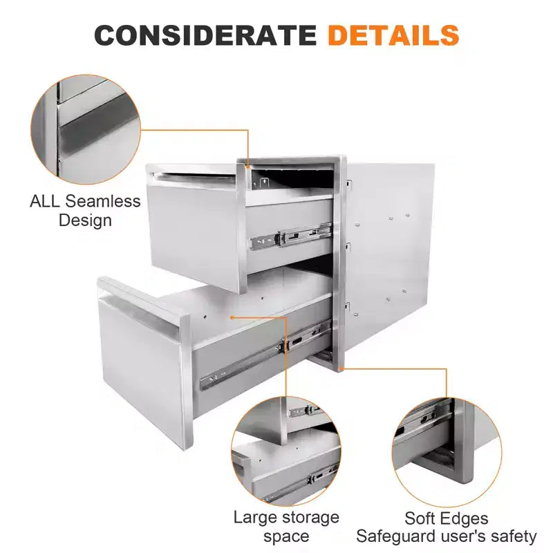 Outdoor Kitchen Drawers, Stainless Steel Flush Mount BBQ Drawers with Grooved Handle,for Outdoor Kitchen Island or Patio Grill Station, 2-Layer