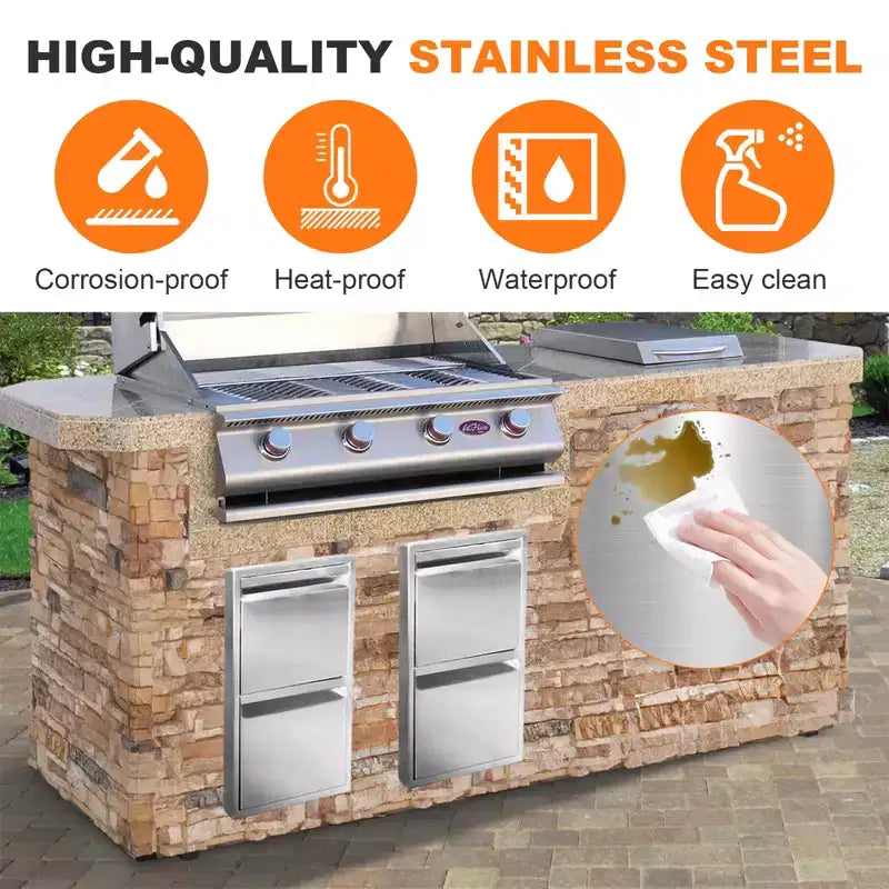 Outdoor Kitchen Drawers, Stainless Steel Flush Mount BBQ Drawers with Grooved Handle,for Outdoor Kitchen Island or Patio Grill Station, 2-Layer