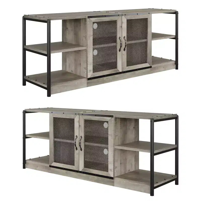 Mobile TV moderno per TV fino a 75 pollici, mobile per intrattenimento con ante in rete e 4 ripiani aperti, tavolo console TV multimediale in legno, grigio da 63 pollici