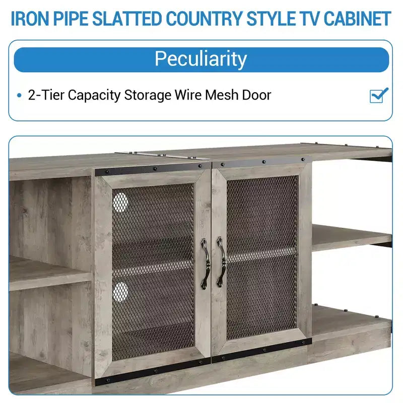 Mobile TV moderno per TV fino a 75 pollici, mobile per intrattenimento con ante in rete e 4 ripiani aperti, tavolo console TV multimediale in legno, grigio da 63 pollici