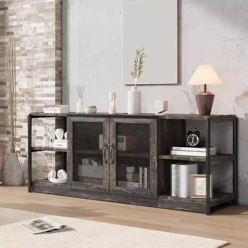 Mobile TV moderno per TV fino a 75 pollici, mobile per intrattenimento con ante in rete e 4 ripiani aperti, tavolo console TV multimediale in legno, grigio da 63 pollici