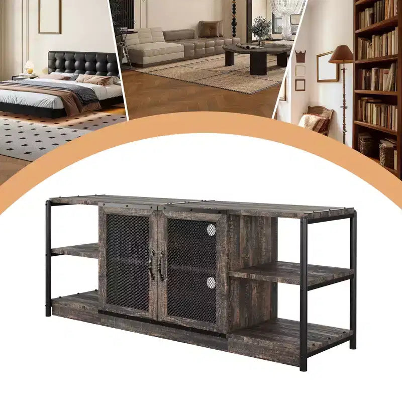 Mobile TV moderno per TV fino a 75 pollici, mobile per intrattenimento con ante in rete e 4 ripiani aperti, tavolo console TV multimediale in legno, grigio da 63 pollici