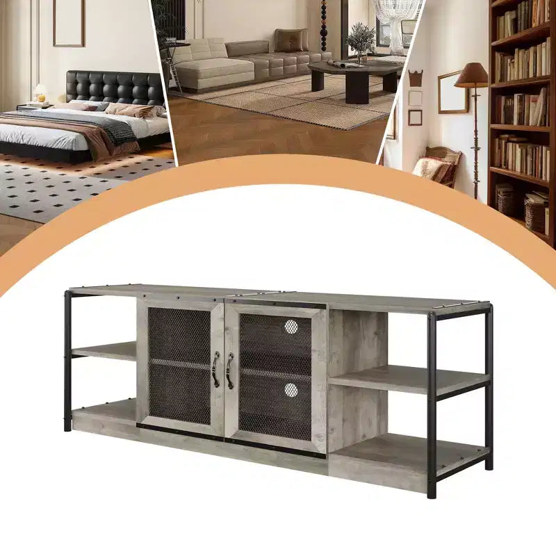 Mobile TV moderno per TV fino a 75 pollici, mobile per intrattenimento con ante in rete e 4 ripiani aperti, tavolo console TV multimediale in legno, grigio da 63 pollici