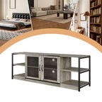 Mobile TV moderno per TV fino a 75 pollici, mobile per intrattenimento con ante in rete e 4 ripiani aperti, tavolo console TV multimediale in legno, grigio da 63 pollici