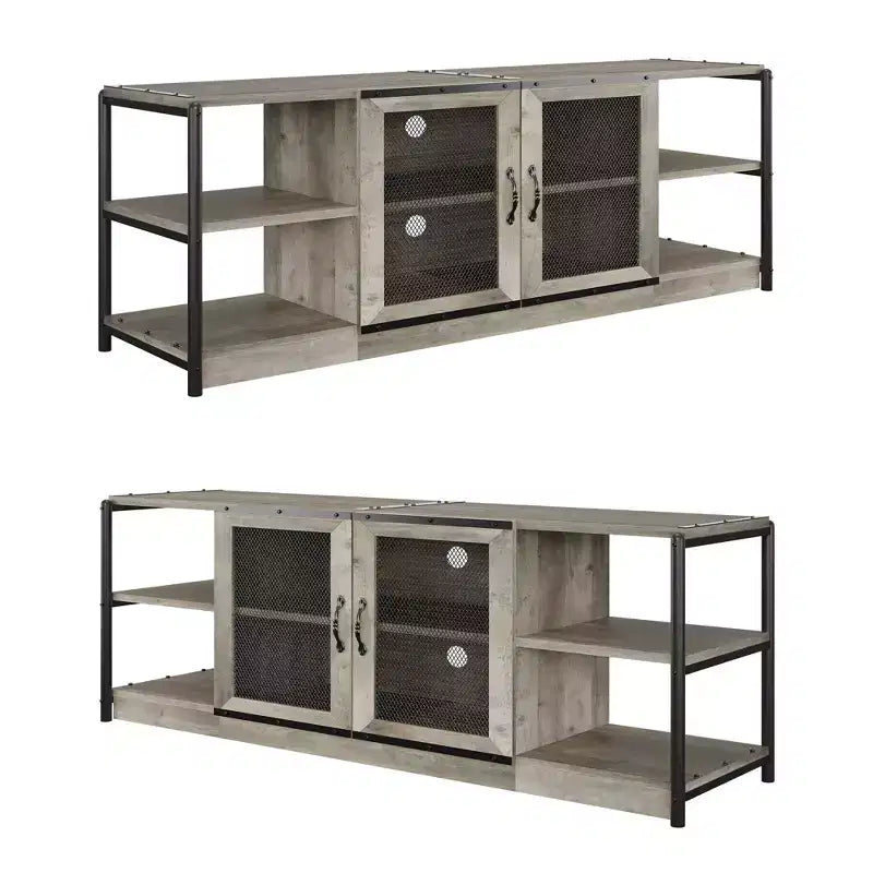 Mobile TV moderno per TV fino a 75 pollici, mobile per intrattenimento con ante in rete e 4 ripiani aperti, tavolo console TV multimediale in legno, grigio da 63 pollici