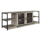 Mobile TV moderno per TV fino a 75 pollici, mobile per intrattenimento con ante in rete e 4 ripiani aperti, tavolo console TV multimediale in legno, grigio da 63 pollici