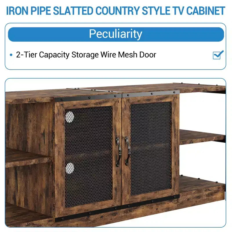 Mobile TV moderno per TV fino a 75 pollici, mobile per intrattenimento con ante in rete e 4 ripiani aperti, tavolo console TV multimediale in legno, grigio da 63 pollici