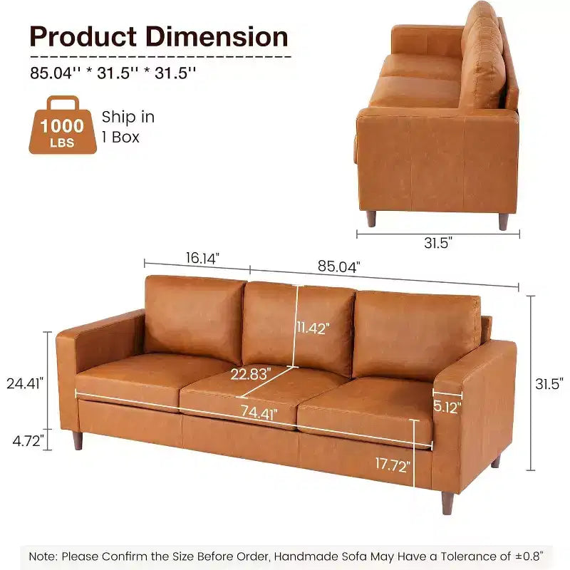 Acekool 85 Mid-Century Modern Faux Leather Sofa, 3-Seat Couch with Deep Seats, High-Density Foam, Wood Legs, Tan, for Living Room or Office