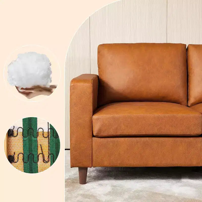 Acekool 85 Mid-Century Modern Faux Leather Sofa, 3-Seat Couch with Deep Seats, High-Density Foam, Wood Legs, Tan, for Living Room or Office