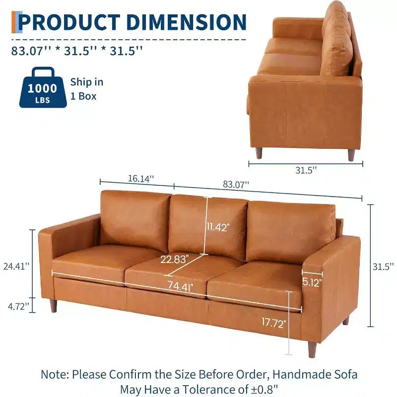 Acekool 85 Mid-Century Modern Faux Leather Sofa, 3-Seat Couch with Deep Seats, High-Density Foam, Wood Legs, Tan, for Living Room or Office