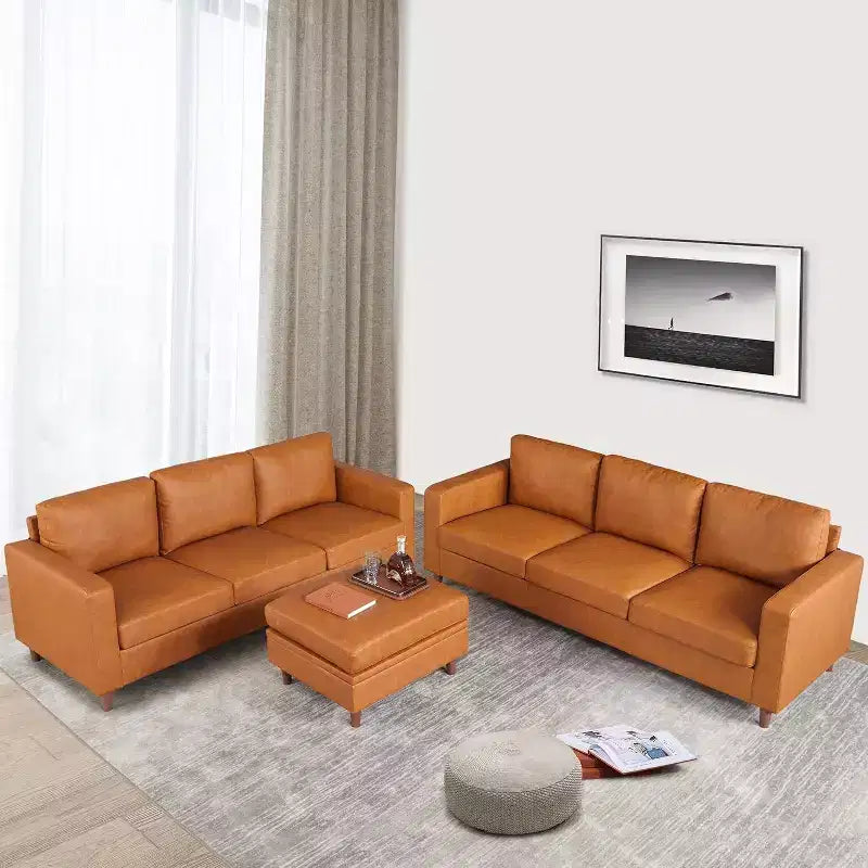 Acekool 85 Mid-Century Modern Faux Leather Sofa, 3-Seat Couch with Deep Seats, High-Density Foam, Wood Legs, Tan, for Living Room or Office