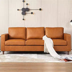 Acekool 85 Mid-Century Modern Faux Leather Sofa, 3-Seat Couch with Deep Seats, High-Density Foam, Wood Legs, Tan, for Living Room or Office