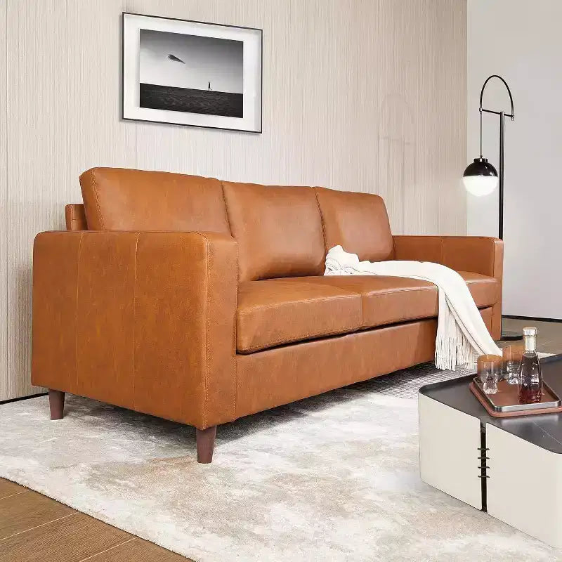 Acekool 85 Mid-Century Modern Faux Leather Sofa, 3-Seat Couch with Deep Seats, High-Density Foam, Wood Legs, Tan, for Living Room or Office