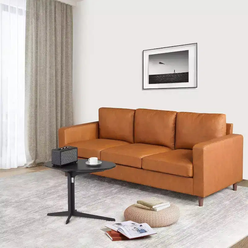 Acekool 85 Mid-Century Modern Faux Leather Sofa, 3-Seat Couch with Deep Seats, High-Density Foam, Wood Legs, Tan, for Living Room or Office