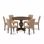 HomeStock Belmont 7 Piece Table Set Dining Room Table and 6 Light Sable Linen Fabric Chairs with High Back - Distressed Jacobean Finish