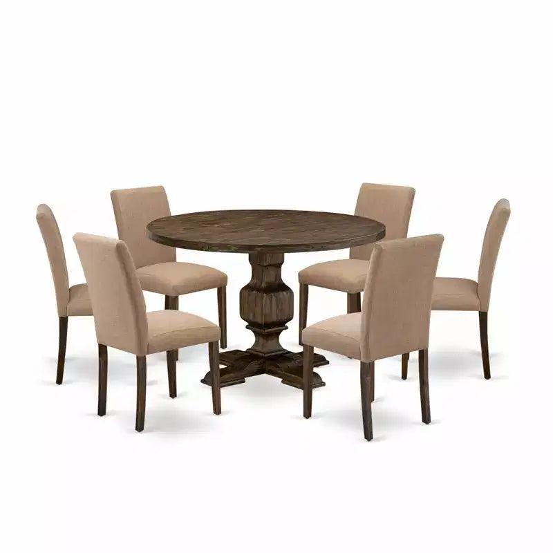 HomeStock Belmont 7 Piece Table Set Dining Room Table and 6 Light Sable Linen Fabric Chairs with High Back - Distressed Jacobean Finish