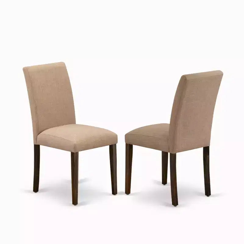 HomeStock Belmont 7 Piece Table Set Dining Room Table and 6 Light Sable Linen Fabric Chairs with High Back - Distressed Jacobean Finish