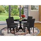 HomeStock Belmont 5 Piece Wood Dining Table Set 1 Drop Leaves Dining Room Table and 4 Black Linen Fabric Dining Chair, Wire Brushed Black Finish