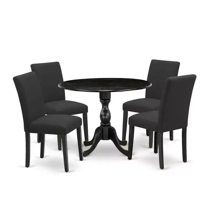 HomeStock Belmont 5 Piece Wood Dining Table Set 1 Drop Leaves Dining Room Table and 4 Black Linen Fabric Dining Chair, Wire Brushed Black Finish