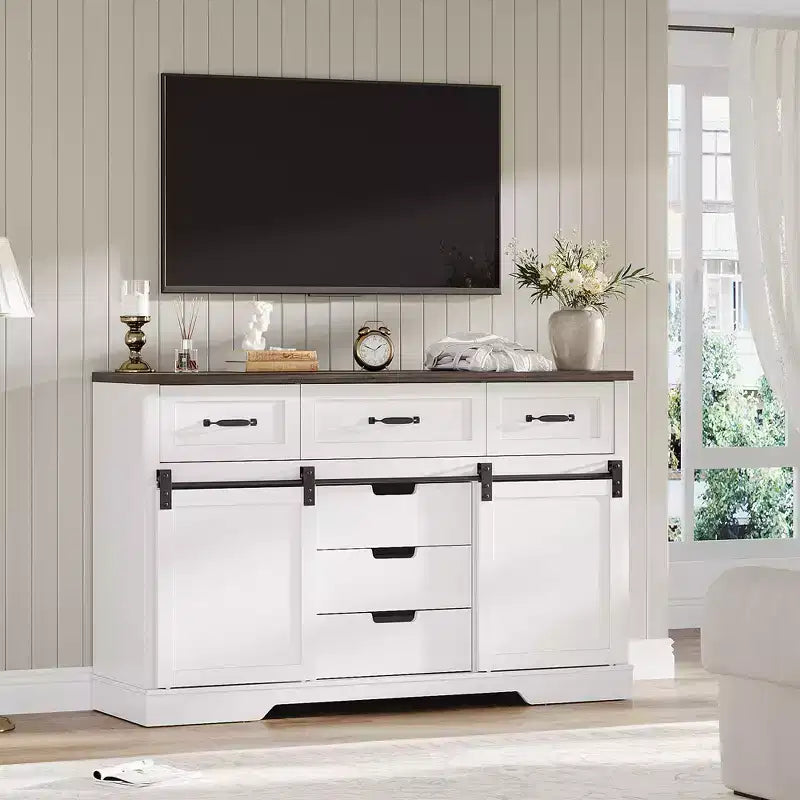 Mobile Contenitore in Legno per Camera da Letto con 6 Cassetti, Porta Scorrevole a Fienile, Bianco