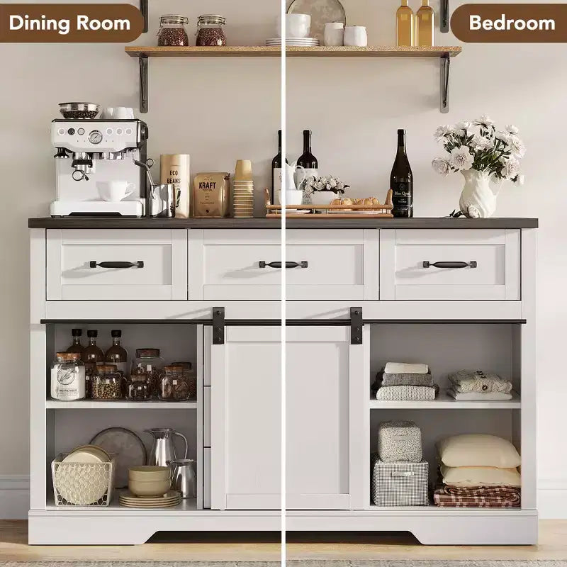 Mobile Contenitore in Legno per Camera da Letto con 6 Cassetti, Porta Scorrevole a Fienile, Bianco
