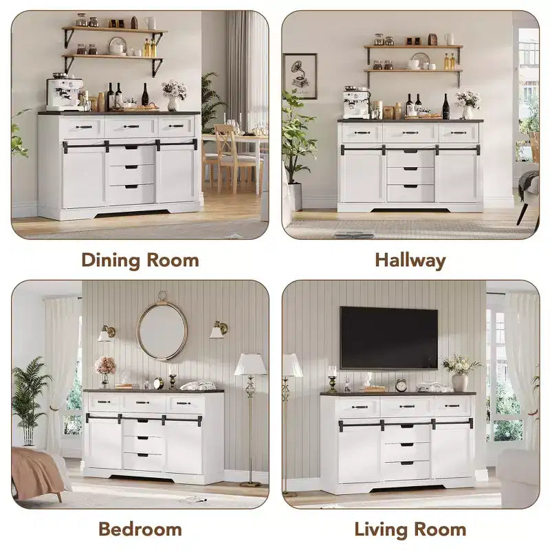 Mobile Contenitore in Legno per Camera da Letto con 6 Cassetti, Porta Scorrevole a Fienile, Bianco