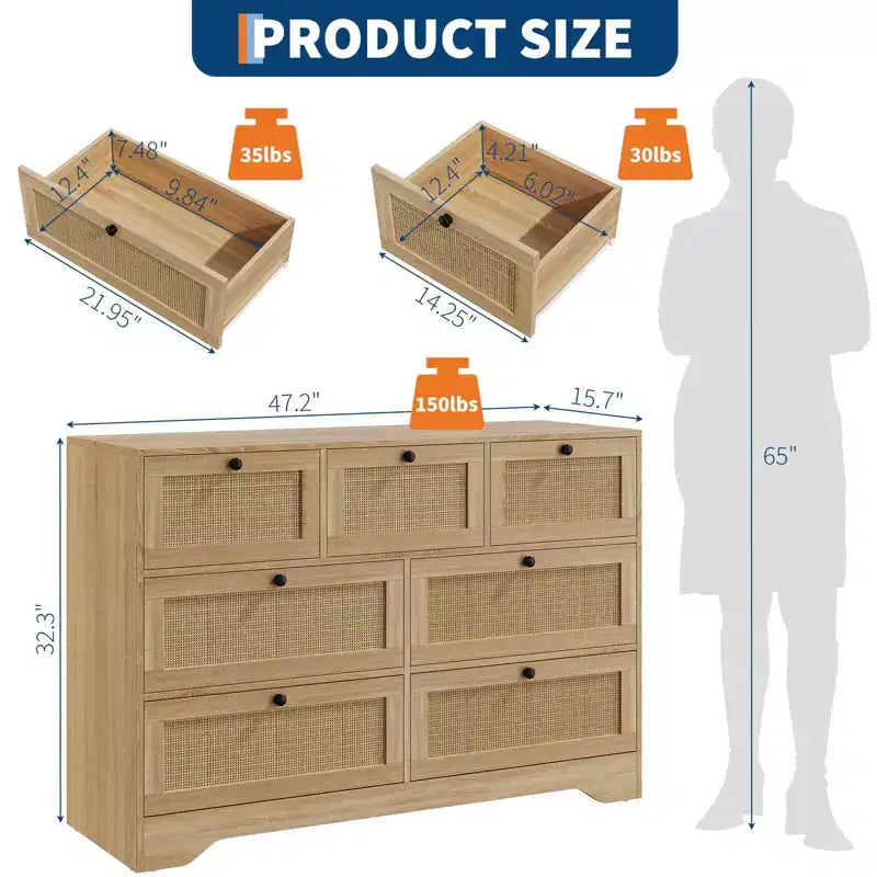 Comò in Rattan a 7 Cassetti per Camera da Letto, Cassettiera Larga 130 cm, Comodino per Armadio, Organizzatore Contenitore in Legno per Soggiorno Corridoio Ingresso