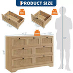Comò in Rattan a 7 Cassetti per Camera da Letto, Cassettiera Larga 130 cm, Comodino per Armadio, Organizzatore Contenitore in Legno per Soggiorno Corridoio Ingresso