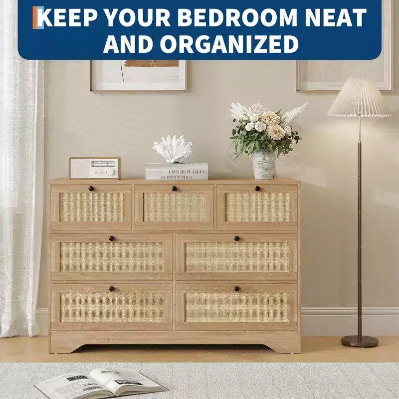 Comò in Rattan a 7 Cassetti per Camera da Letto, Cassettiera Larga 130 cm, Comodino per Armadio, Organizzatore Contenitore in Legno per Soggiorno Corridoio Ingresso
