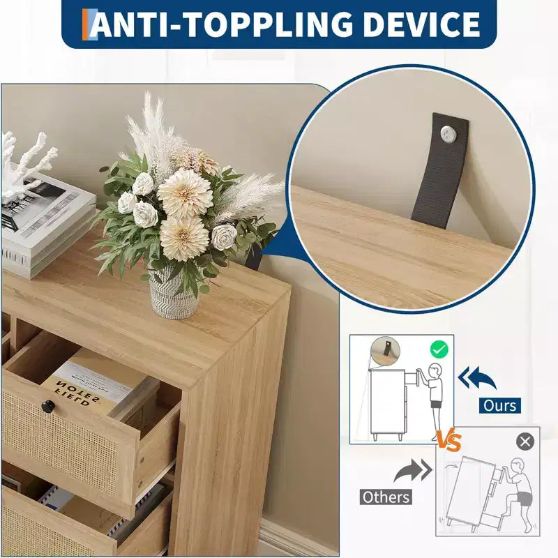 Comò in Rattan a 7 Cassetti per Camera da Letto, Cassettiera Larga 130 cm, Comodino per Armadio, Organizzatore Contenitore in Legno per Soggiorno Corridoio Ingresso