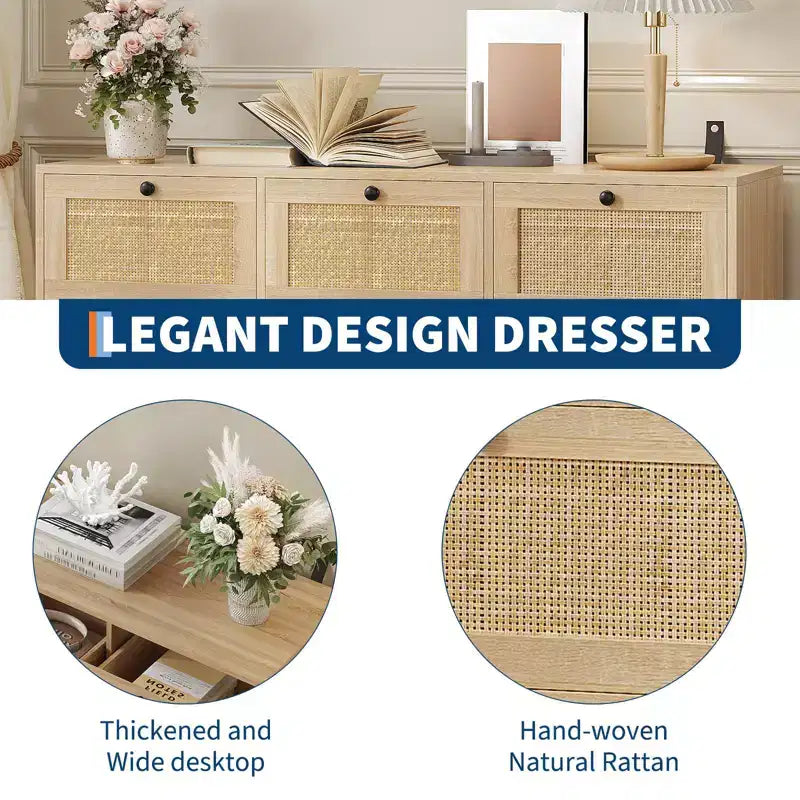 Comò in Rattan a 7 Cassetti per Camera da Letto, Cassettiera Larga 130 cm, Comodino per Armadio, Organizzatore Contenitore in Legno per Soggiorno Corridoio Ingresso