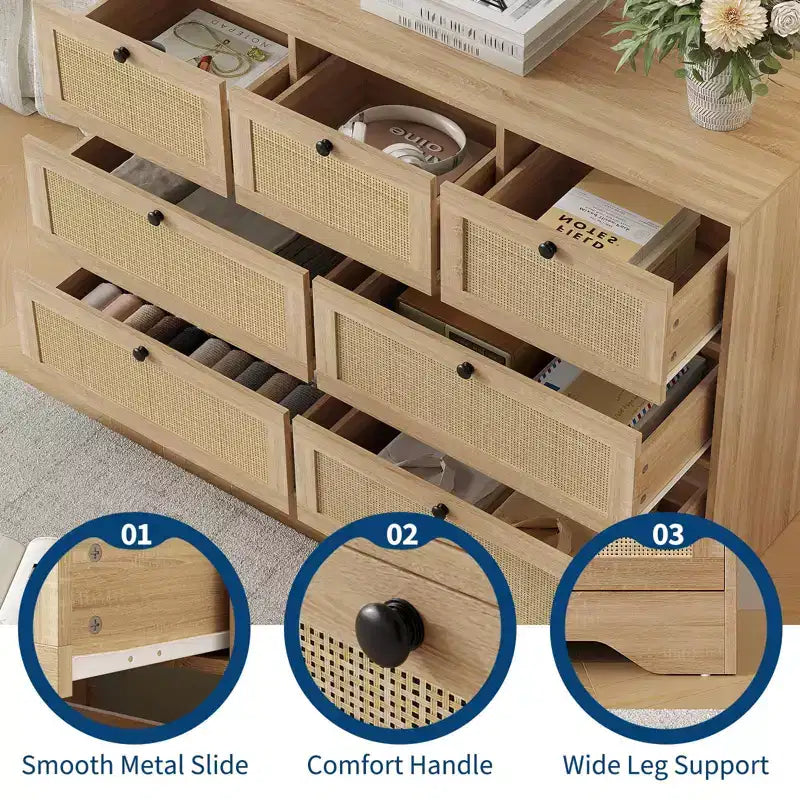 Comò in Rattan a 7 Cassetti per Camera da Letto, Cassettiera Larga 130 cm, Comodino per Armadio, Organizzatore Contenitore in Legno per Soggiorno Corridoio Ingresso