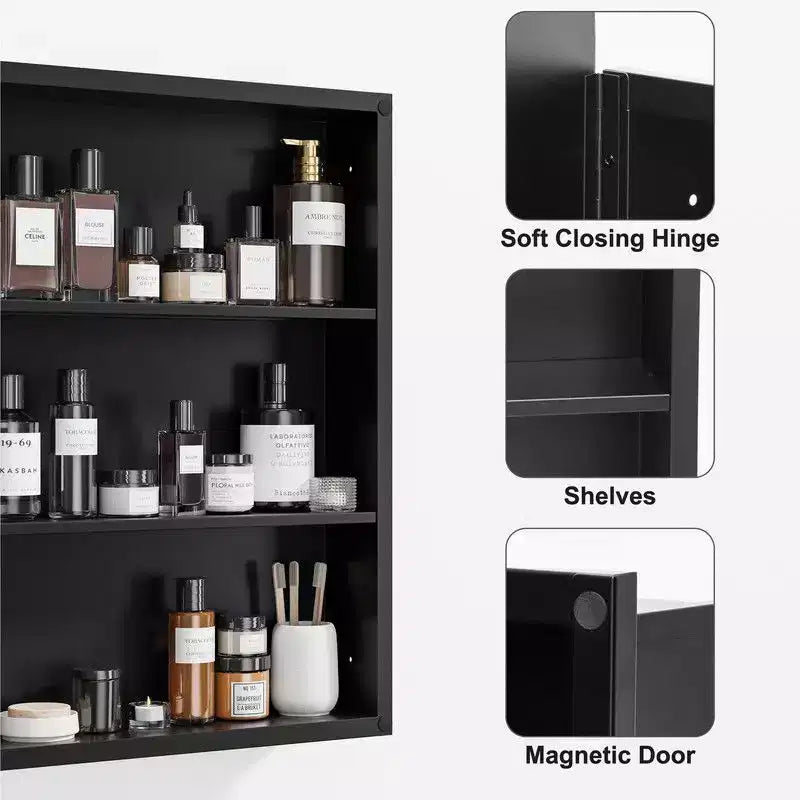 PexFix Mobile Bagno con Specchio 30 x 24 Telaio in Acciaio Inox e 2 Ripiani Regolabili Specchietti Armadietti Medicinali a Parete Rettangolare da Incasso Nero