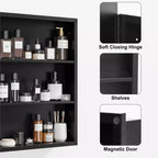 PexFix Mobile Bagno con Specchio 30 x 24 Telaio in Acciaio Inox e 2 Ripiani Regolabili Specchietti Armadietti Medicinali a Parete Rettangolare da Incasso Nero