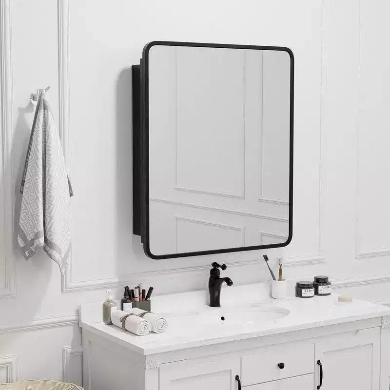 PexFix Mobile Bagno con Specchio 30 x 24 Telaio in Acciaio Inox e 2 Ripiani Regolabili Specchietti Armadietti Medicinali a Parete Rettangolare da Incasso Nero