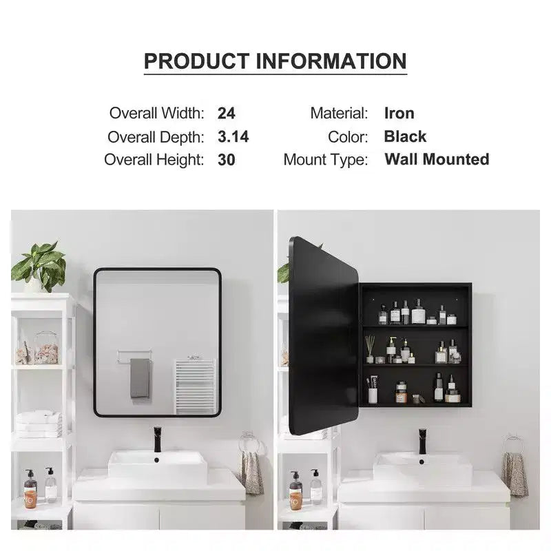 PexFix Mobile Bagno con Specchio 30 x 24 Telaio in Acciaio Inox e 2 Ripiani Regolabili Specchietti Armadietti Medicinali a Parete Rettangolare da Incasso Nero