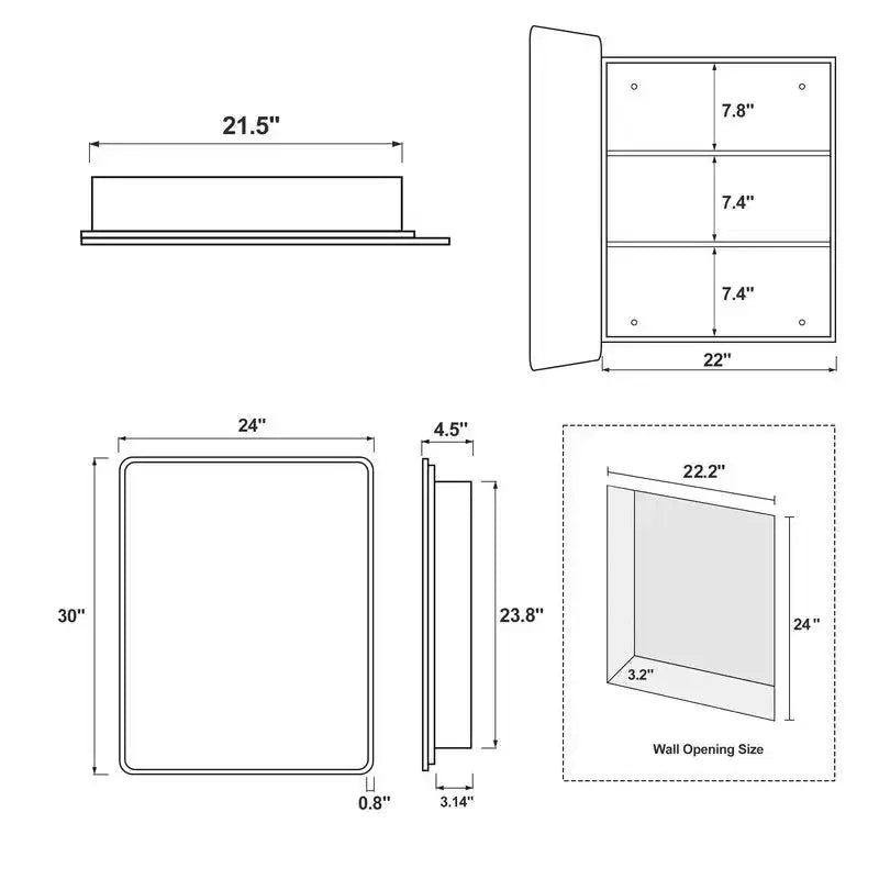 PexFix Mobile Bagno con Specchio 30 x 24 Telaio in Acciaio Inox e 2 Ripiani Regolabili Specchietti Armadietti Medicinali a Parete Rettangolare da Incasso Nero