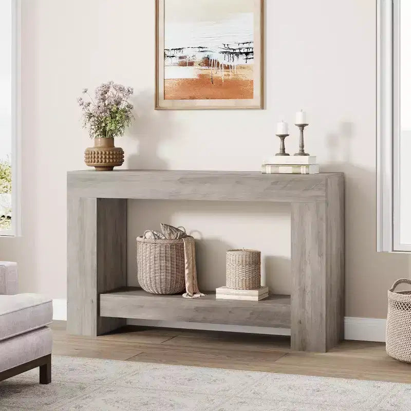 Acekool Farmhouse Console Table, 2-Tier Entryway Table with Storage Shelf, Long Sofa Table for Hallway, Living Room, Rustic Accent