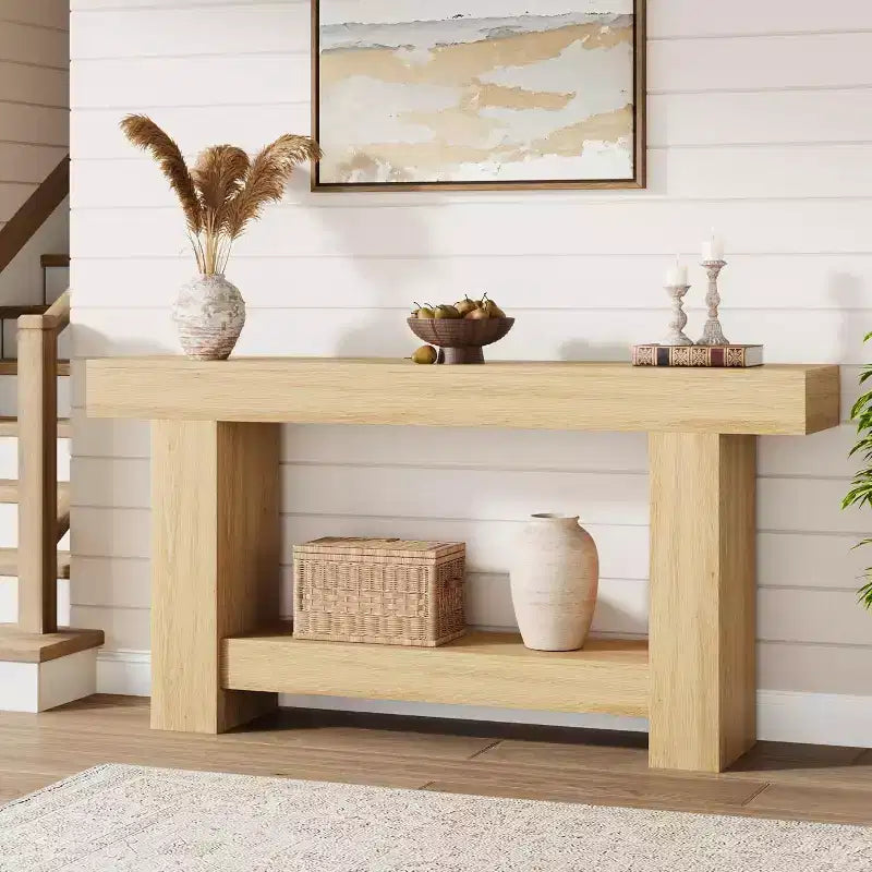 Acekool Farmhouse Console Table, 2-Tier Entryway Table with Storage Shelf, Long Sofa Table for Hallway, Living Room, Rustic Accent