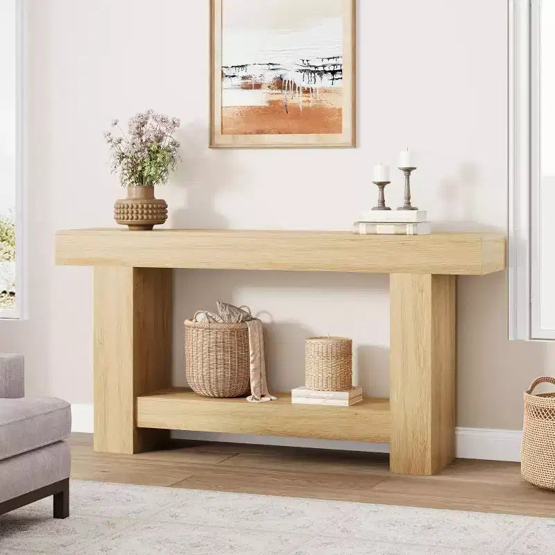 Acekool Farmhouse Console Table, 2-Tier Entryway Table with Storage Shelf, Long Sofa Table for Hallway, Living Room, Rustic Accent