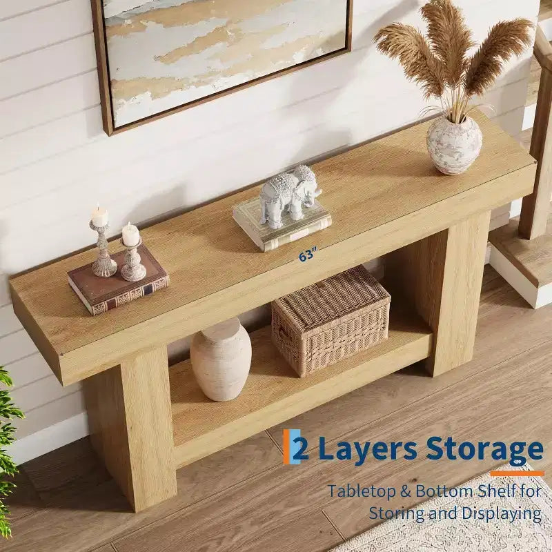 Acekool Farmhouse Console Table, 2-Tier Entryway Table with Storage Shelf, Long Sofa Table for Hallway, Living Room, Rustic Accent