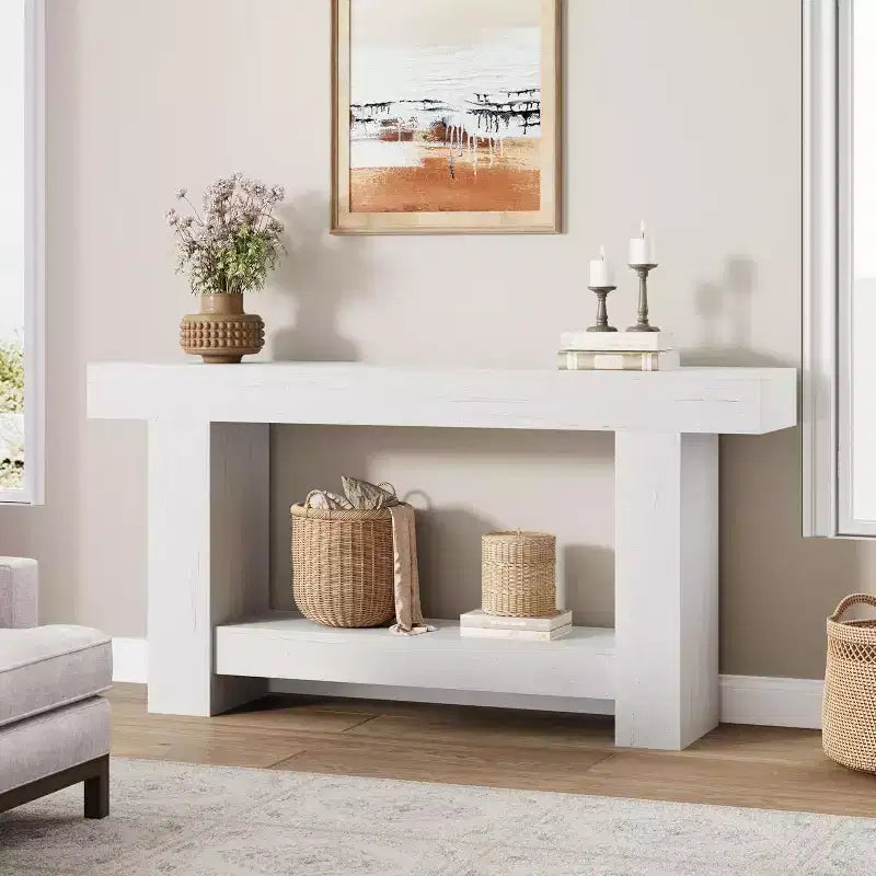 Acekool Farmhouse Console Table, 2-Tier Entryway Table with Storage Shelf, Long Sofa Table for Hallway, Living Room, Rustic Accent
