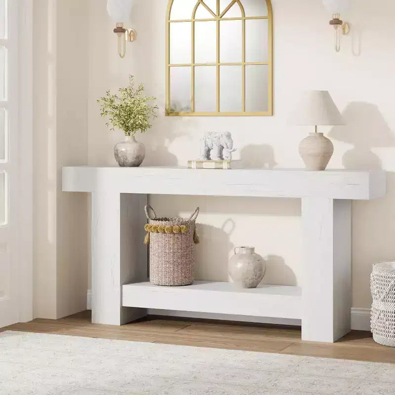 Acekool Farmhouse Console Table, 2-Tier Entryway Table with Storage Shelf, Long Sofa Table for Hallway, Living Room, Rustic Accent