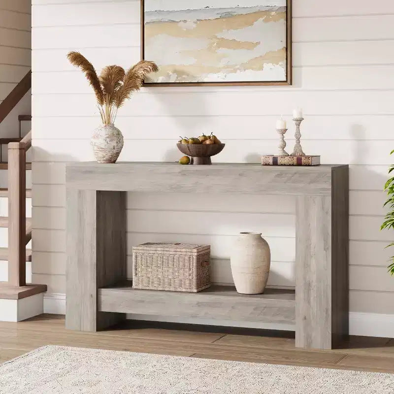 Acekool Farmhouse Console Table, 2-Tier Entryway Table with Storage Shelf, Long Sofa Table for Hallway, Living Room, Rustic Accent