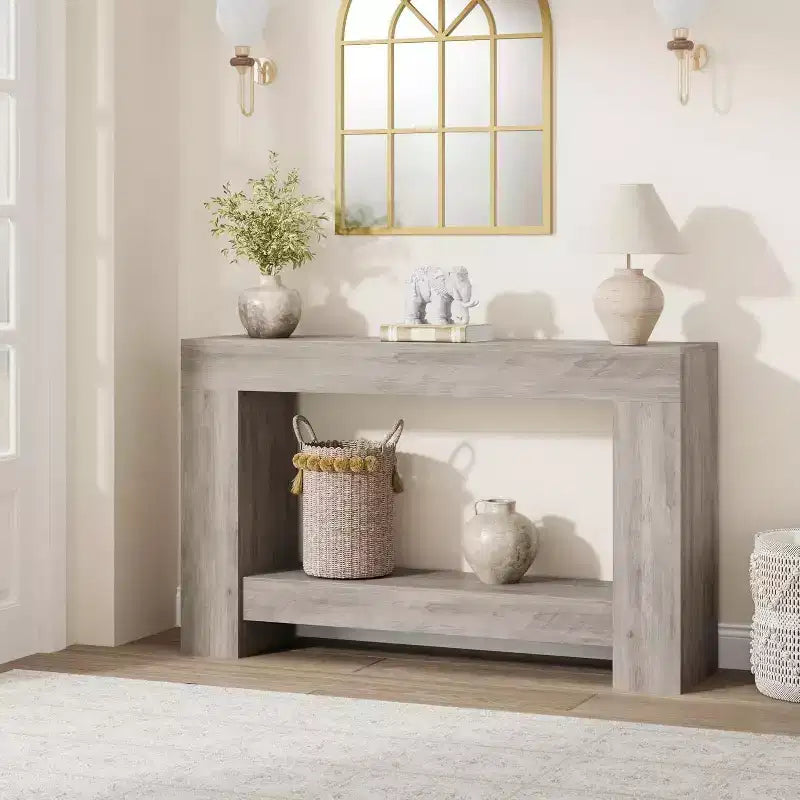 Tavolino Consolle Acekool Stile Rustico, Tavolo da Ingresso a 2 Livelli con Ripiano Portaoggetti, Tavolo Lungo per Divano per Corridoio, Soggiorno, Dettaglio Rustico